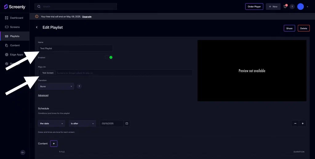 Setting up a playlist inside the Screenly account.