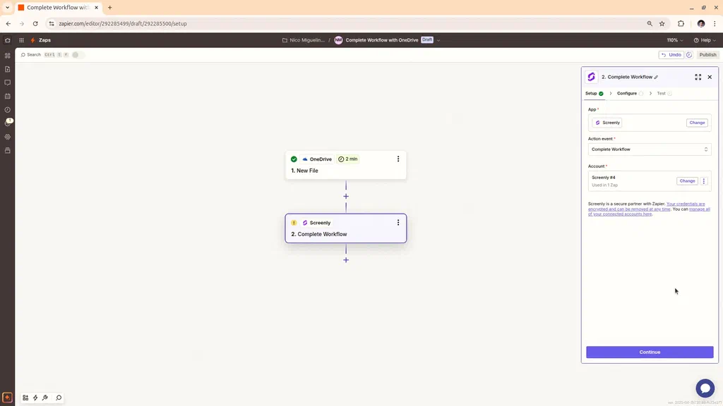 The OneDrive-Zapier Screenly Action set up stage.