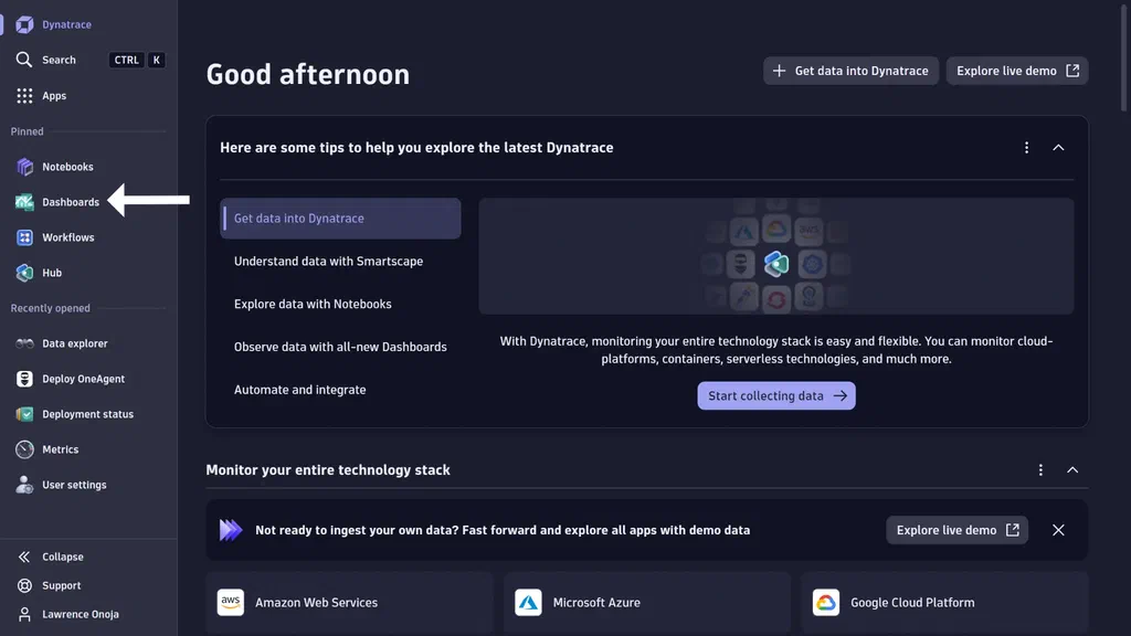 Dynatrace account page with left-side menu open