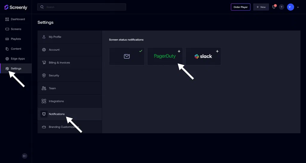 The Screenly interface with the PagerDuty integration.