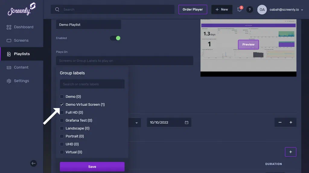 The Edit Playlist page showing a dropdown list of your screens and group labels.