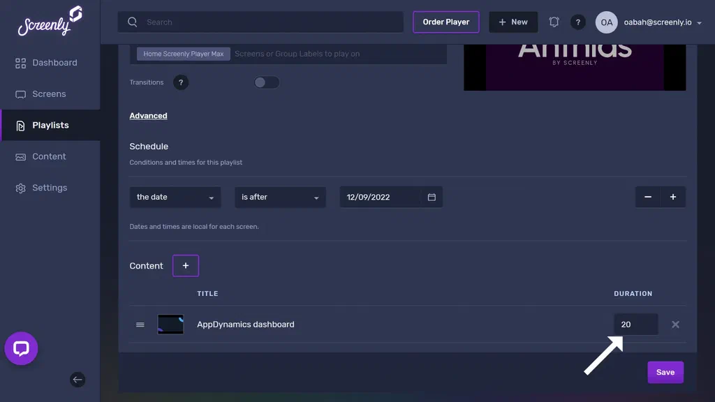 The popup modal to set the duration for the Appdynamics dashboard content in the playlist