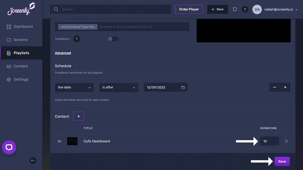 The popup modal to set the duration for the Cyfe dashboard content in the playlist