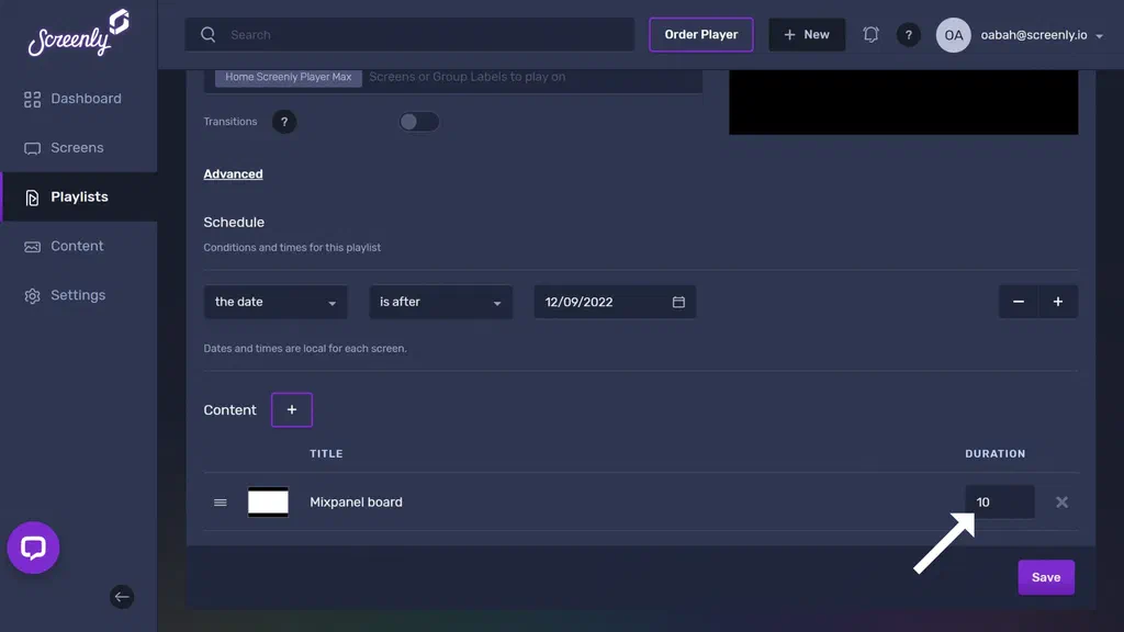 The popup modal to set the duration for the Mixpanel content in the playlist.