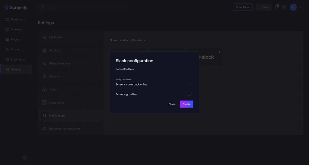 The Slack configuration modal on the Screenly interface.
