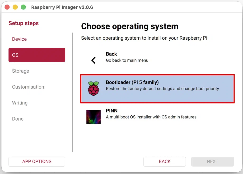 The Misc utility images list in Raspberry Pi Imager with the Bootloader option selected
