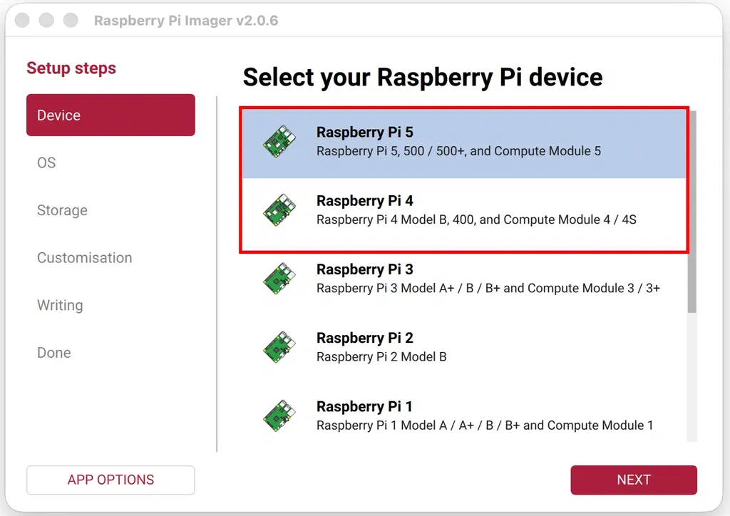 Raspberry Pi Imager with the device selection open, showing the Raspberry Pi 4 and Raspberry Pi 5 options