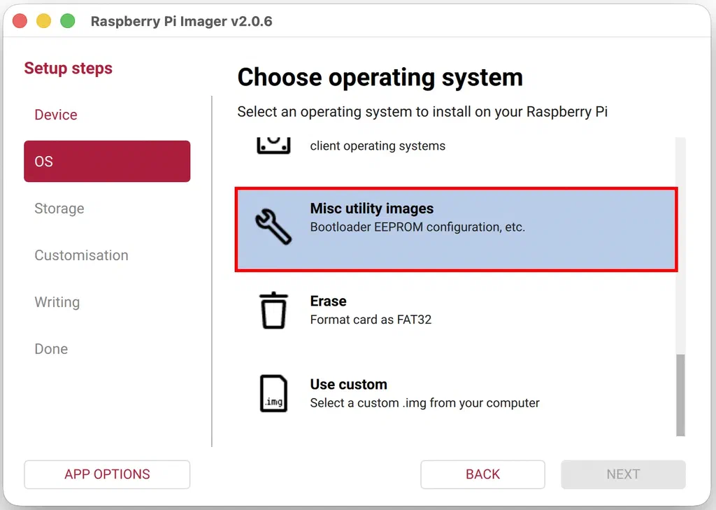 The operating system list in Raspberry Pi Imager with Misc utility images highlighted