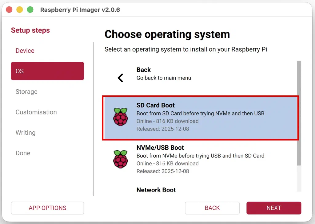 Raspberry Pi Imager showing the boot mode options with SD Card Boot selected