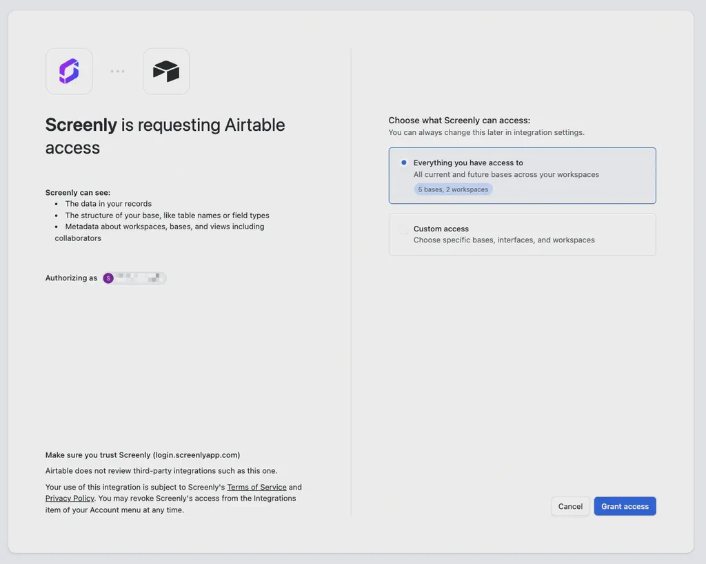 Airtable integration settings