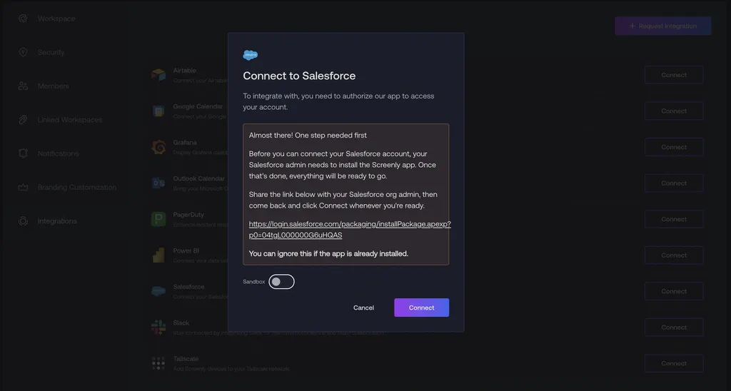 Screenly app install on salesforce check box