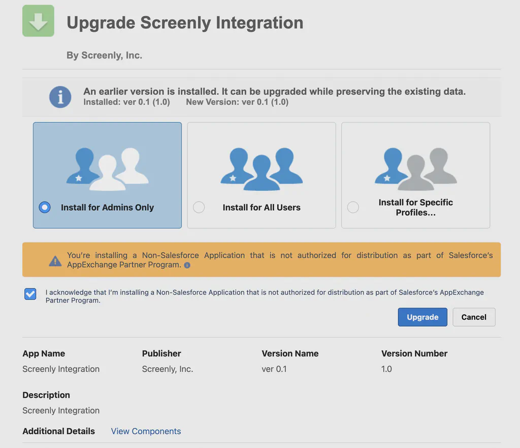 Screenly app install on salesforce