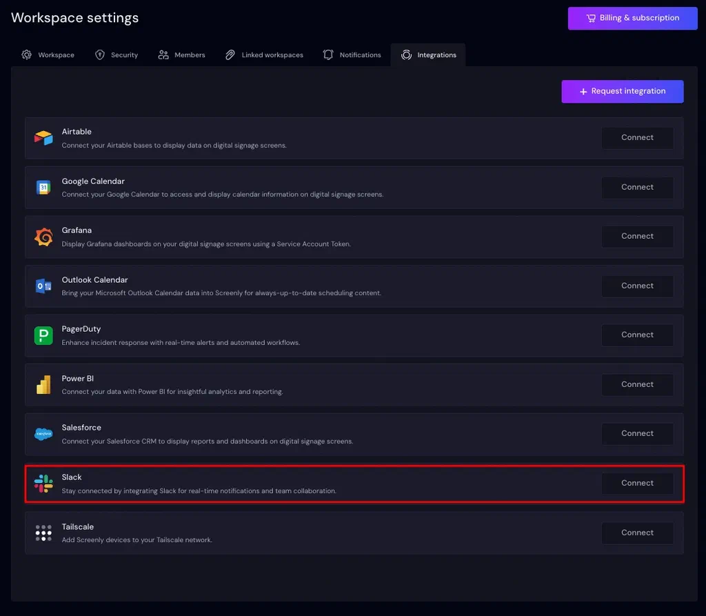Connect Slack from Screenly Integrations settings