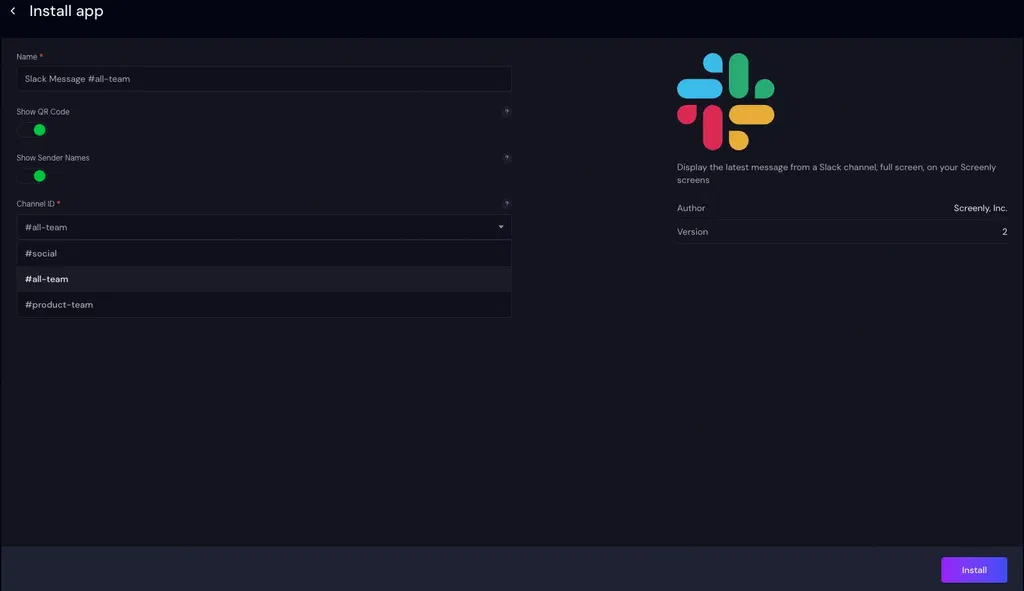 Choose a Slack channel when installing the Slack Messages app