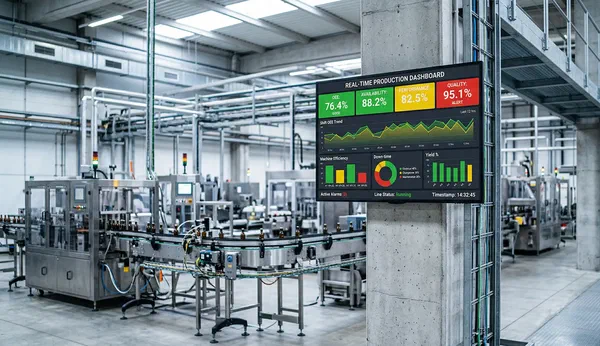 Real-time production line OEE dashboard on a factory display