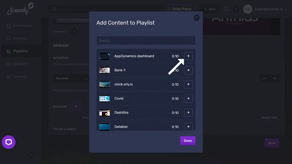 The popup modal to add the Appdynamics dashboard content to a playlist