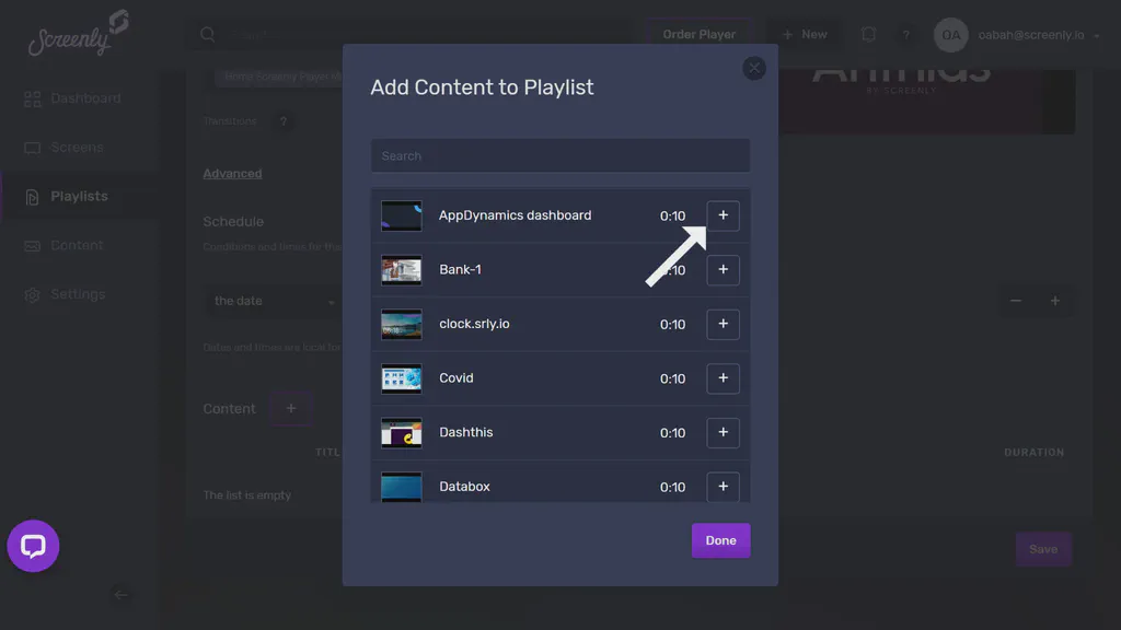 The popup modal to add the Appdynamics dashboard content to a playlist