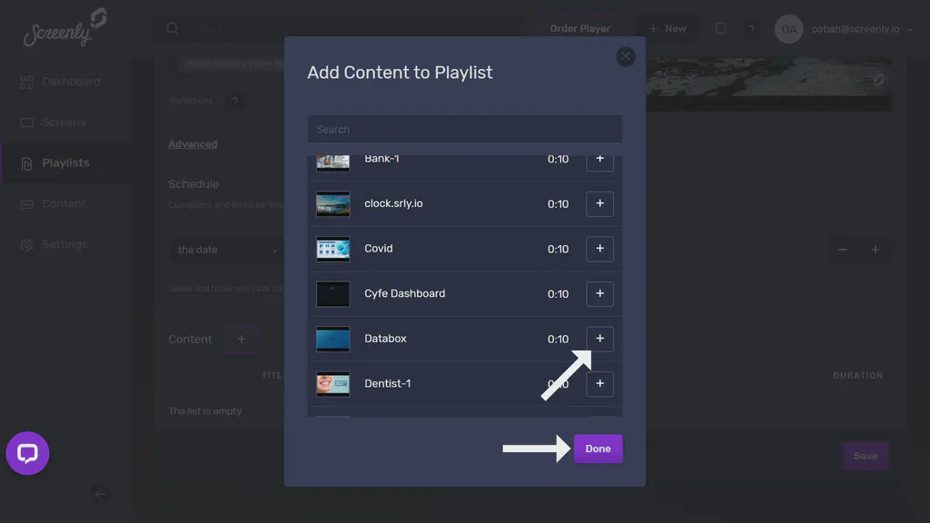 The popup modal to add the Databox databoard content to a playlist