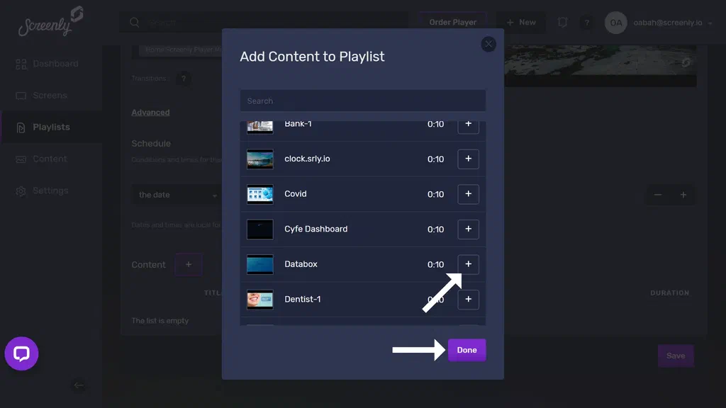 The popup modal to add the Databox databoard content to a playlist
