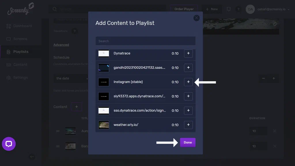 The popup modal to add the Instagram content to a playlist