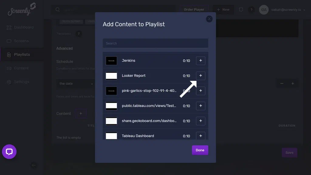 The popup modal to add the Looker dashboard content to a playlist