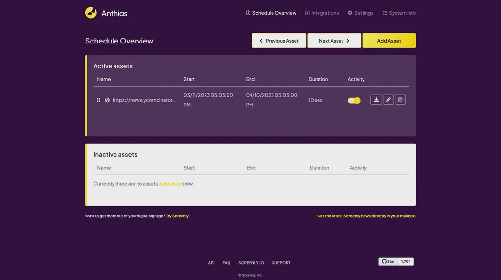 The Screenly interface with the PagerDuty integration setup menu.