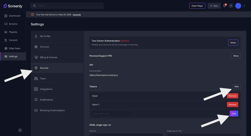 Setting up Screenly token authentication.