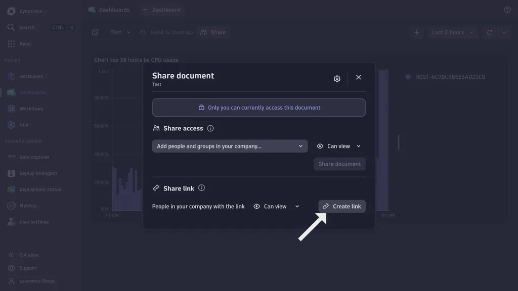 Dynatrace dashboard with dashboard sharing pop-up modal open