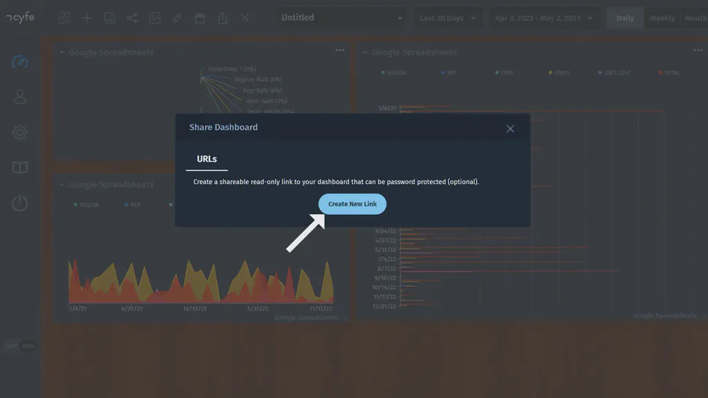 Pop-up modal in cyfe containing create new link button
