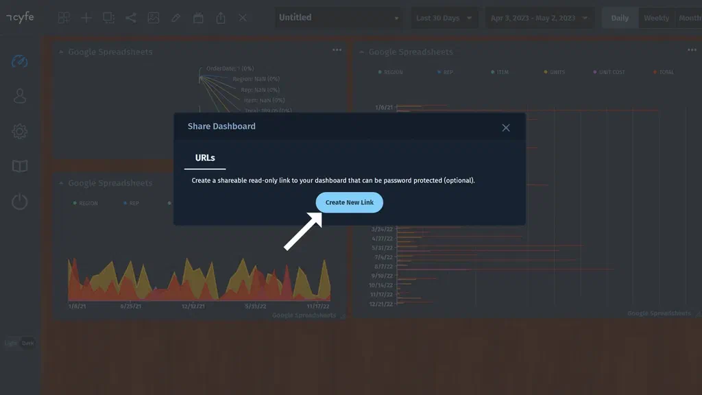 Pop-up modal in cyfe containing create new link button