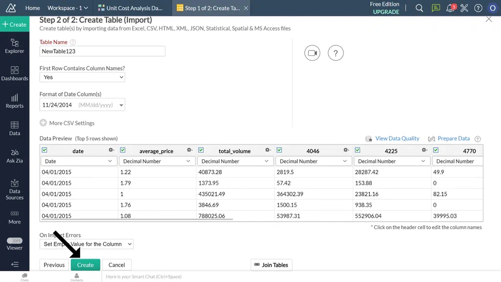 An image showing a Zoho analytics page with form for csv file upload options and create button at the bottom