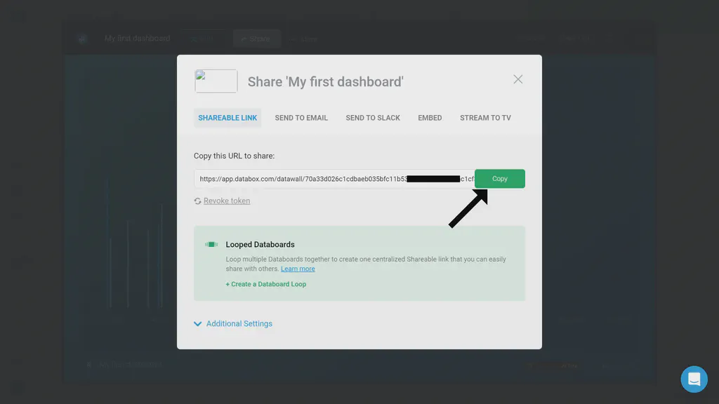 An example Databox dashboard with pop-up modal for dashboard sharing options