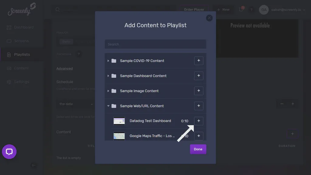 The popup modal to add the Datadog Dashboard content to playlist.