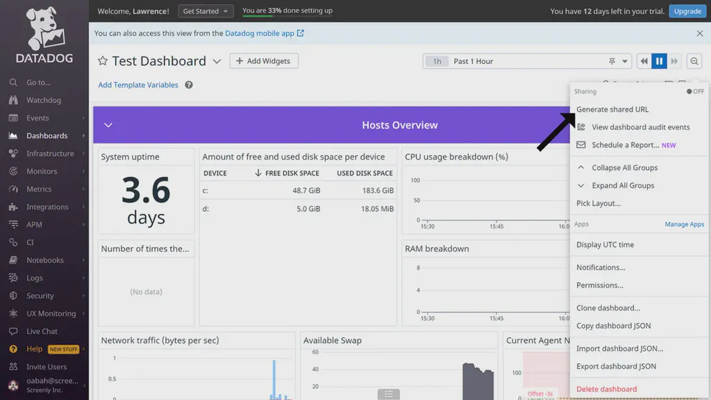 The Datadog dashboard settings.