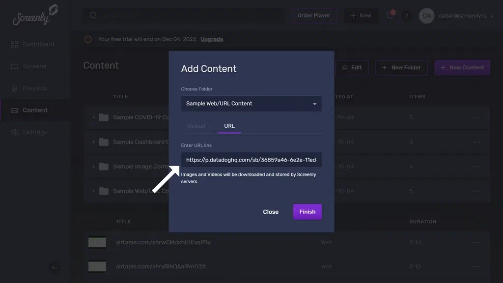 The popup modal to add the Datadog Dashboard URL as a new content item.