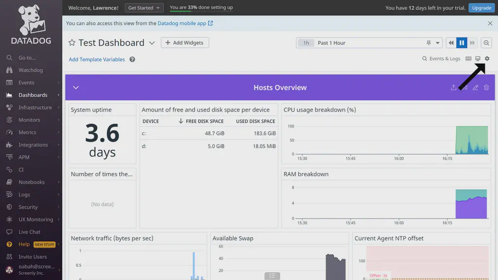 The Datadog website showing a dashboard with gear icon at the top right corner.