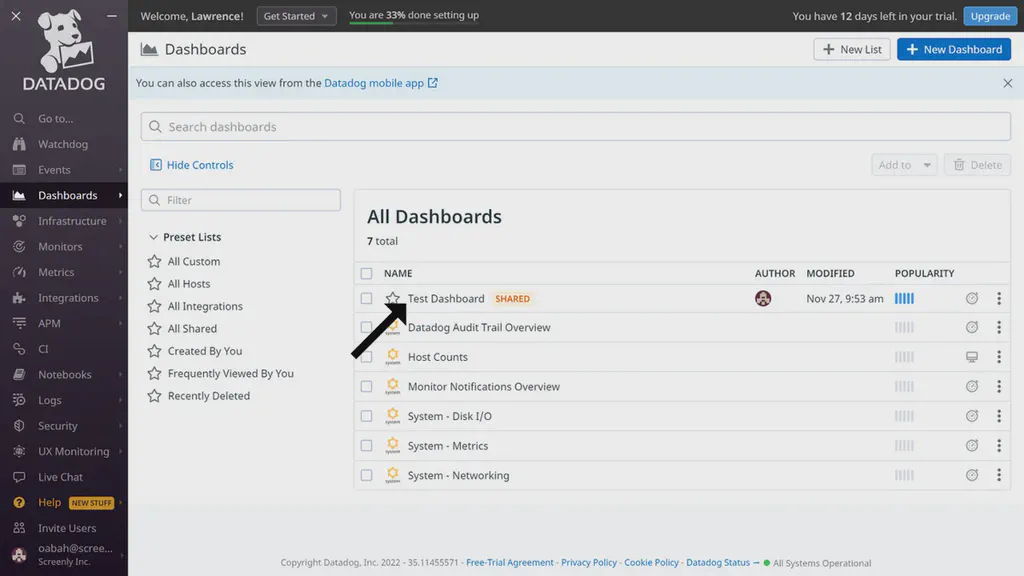 The Datadog website showing list of dashboards.