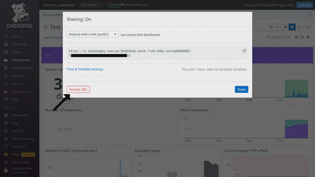 The Datadog dashboard URL settings popup modal.