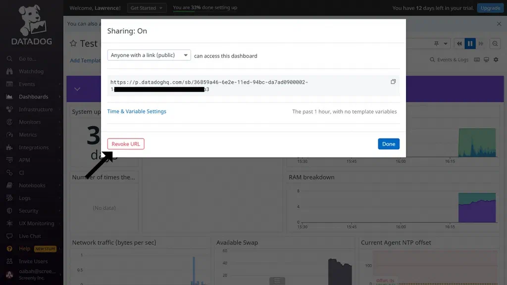 The Datadog dashboard URL settings popup modal.