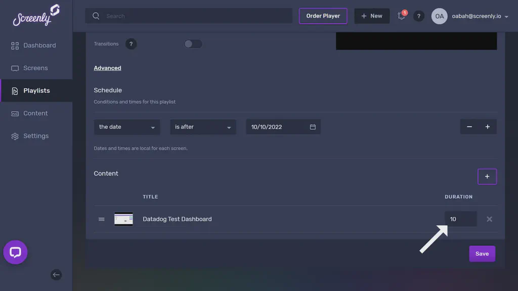 The popup modal to set the duration for the Datadog Dashboard content in the playlist.