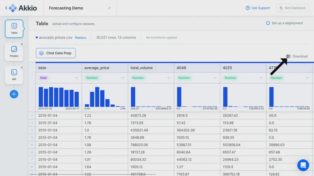 An image showing akkio flow dataset with download button at the top-right