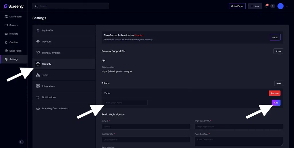 The Screenly token key process.