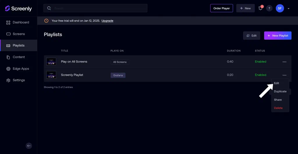 The Edit option tab in the playlist settings menu