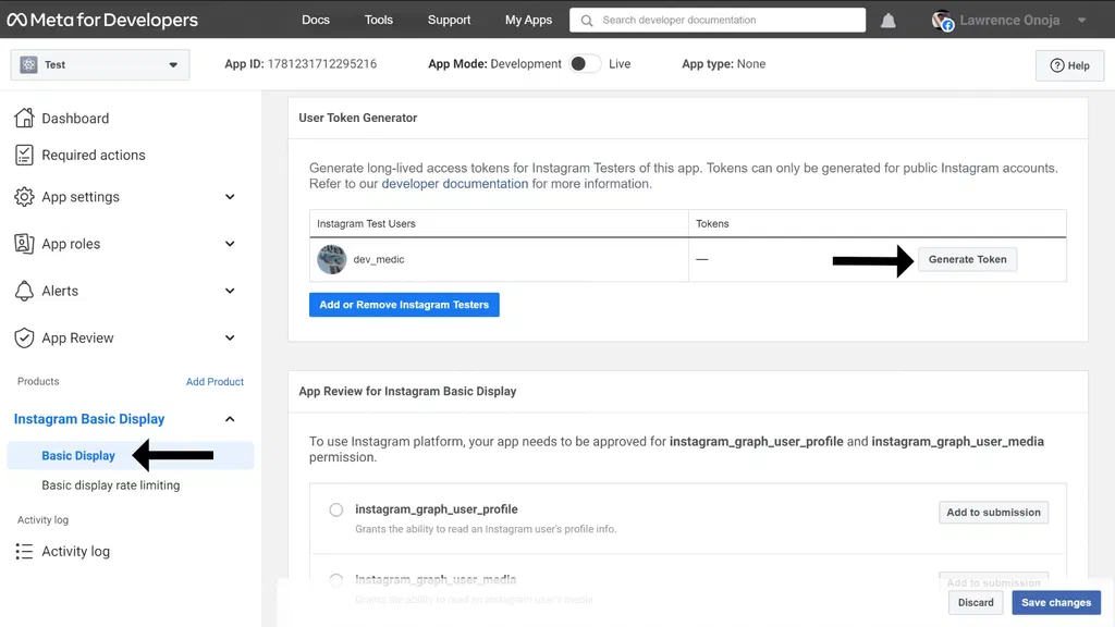 Instagram Basic Display User token generator page