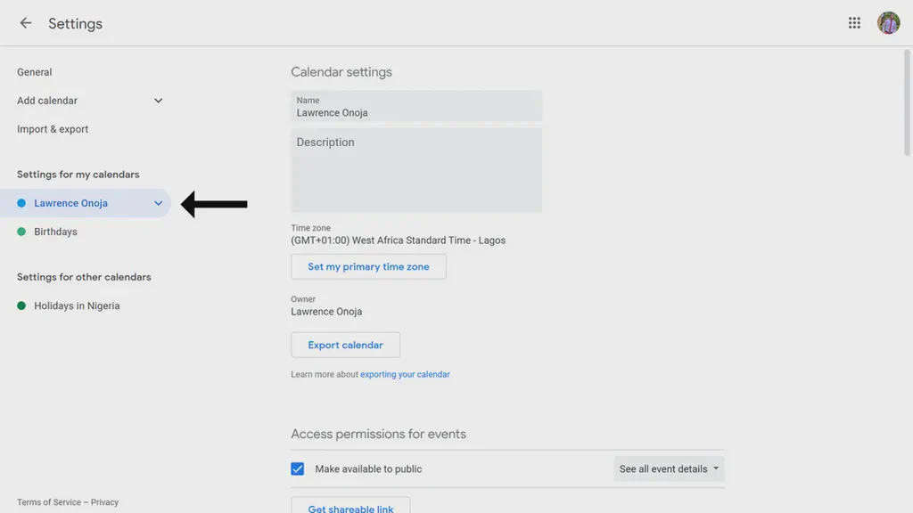 The Google Calendar settings side menu