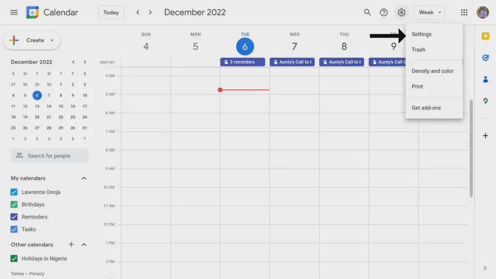 The Google Calendar showing dropdown menu contaning settings