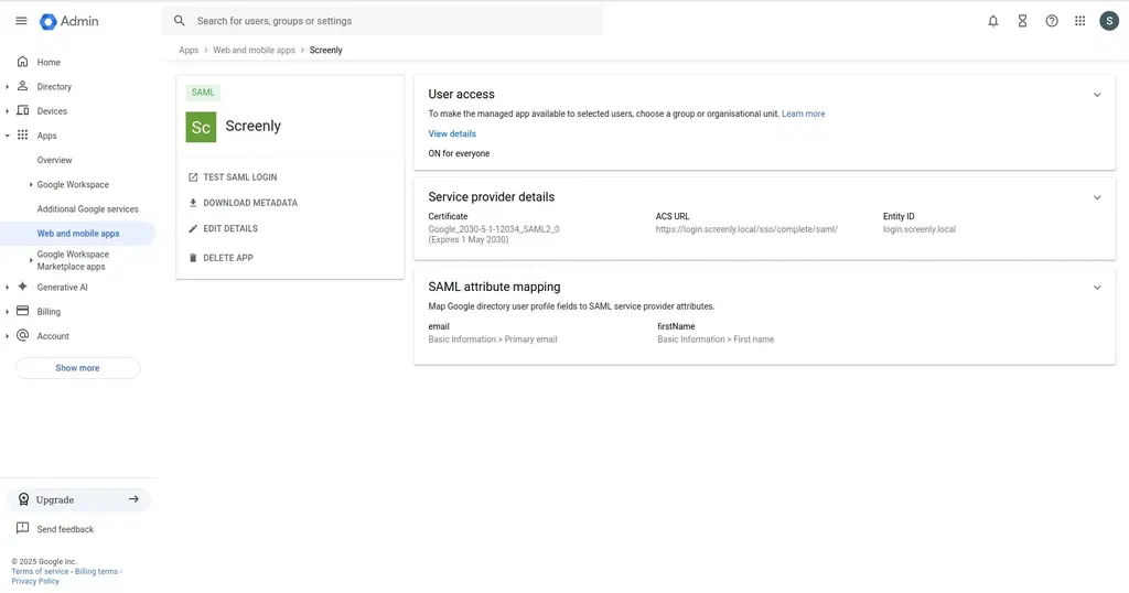 Google Workspace SAML setup step 10.