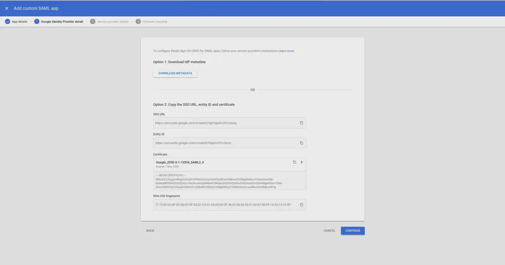 Google Workspace SAML setup step 5.