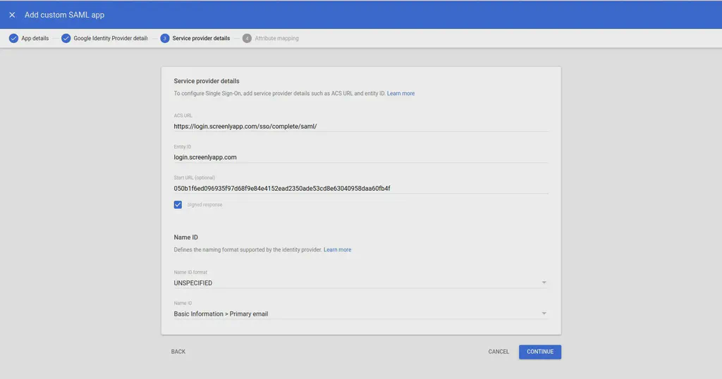 Google Workspace SAML setup step 7.