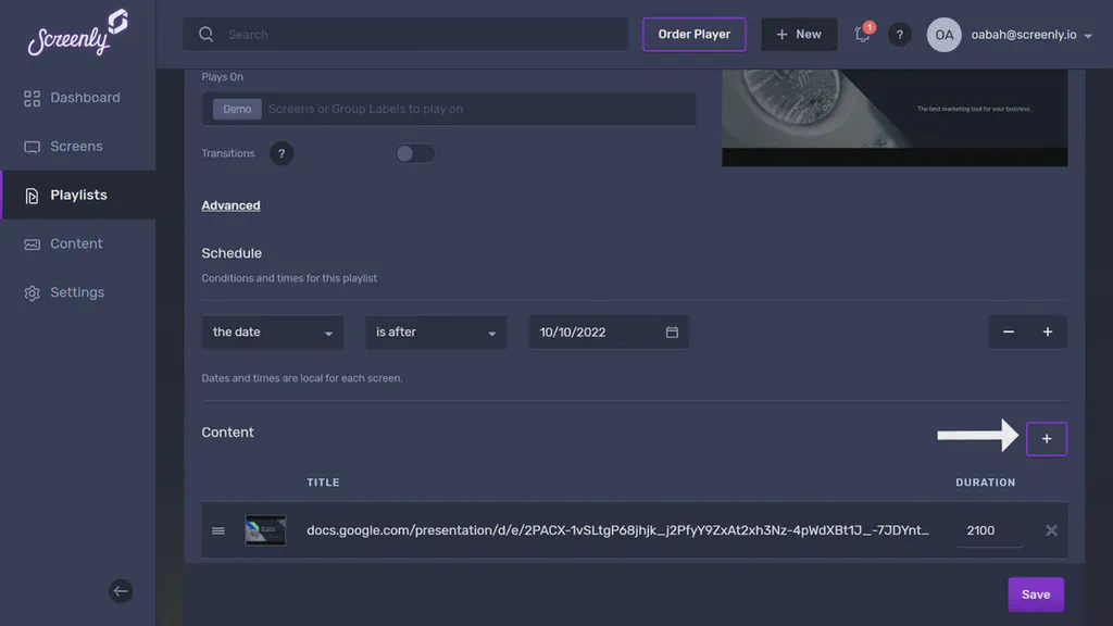 The + button for adding content to your Screenly playlist